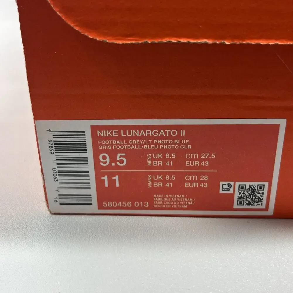NIKE Sneakers M9.5 W11 Lunargato II Leather Trainer Football Shoes Gray Blue NEW